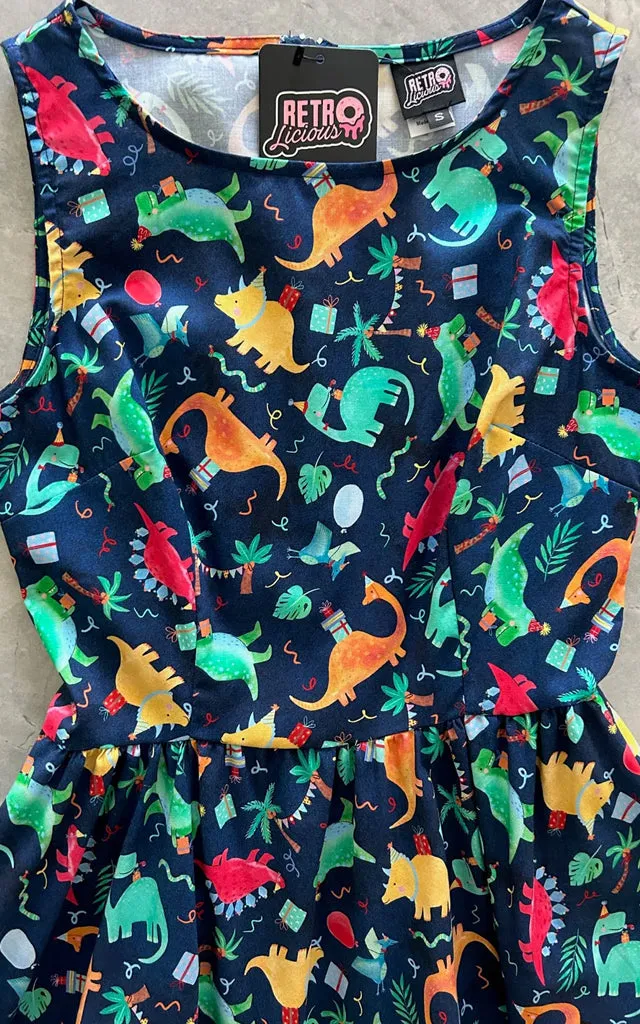 Retrolicious Vintage Dress in Party Dinos Print - L & 1XL left only