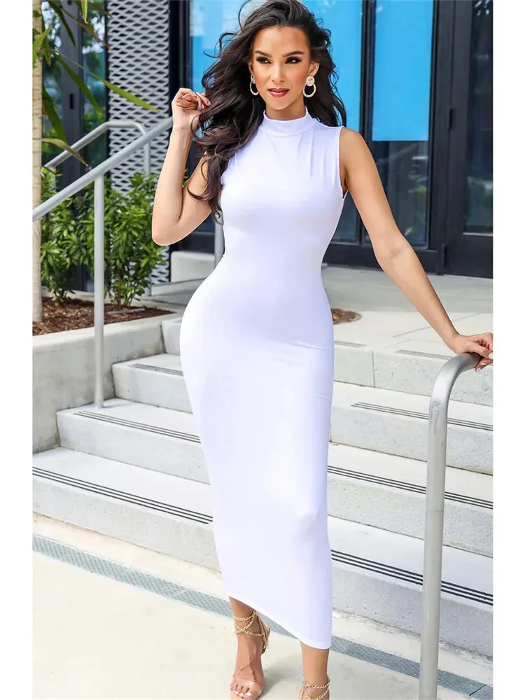 Ruched Sleeveless Solid Bodycon Elegant Party Midi Dress