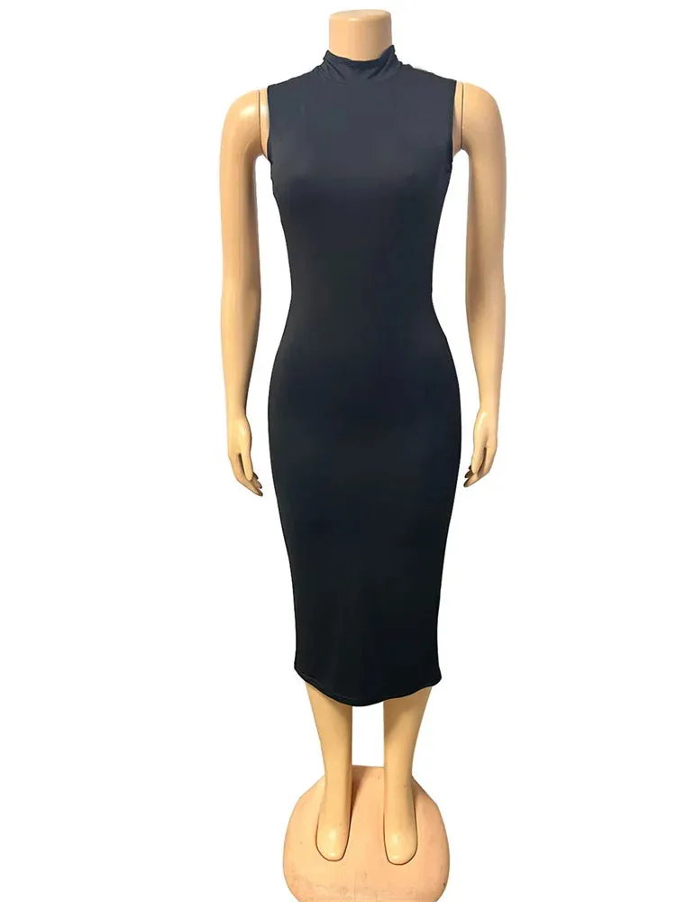 Ruched Sleeveless Solid Bodycon Elegant Party Midi Dress