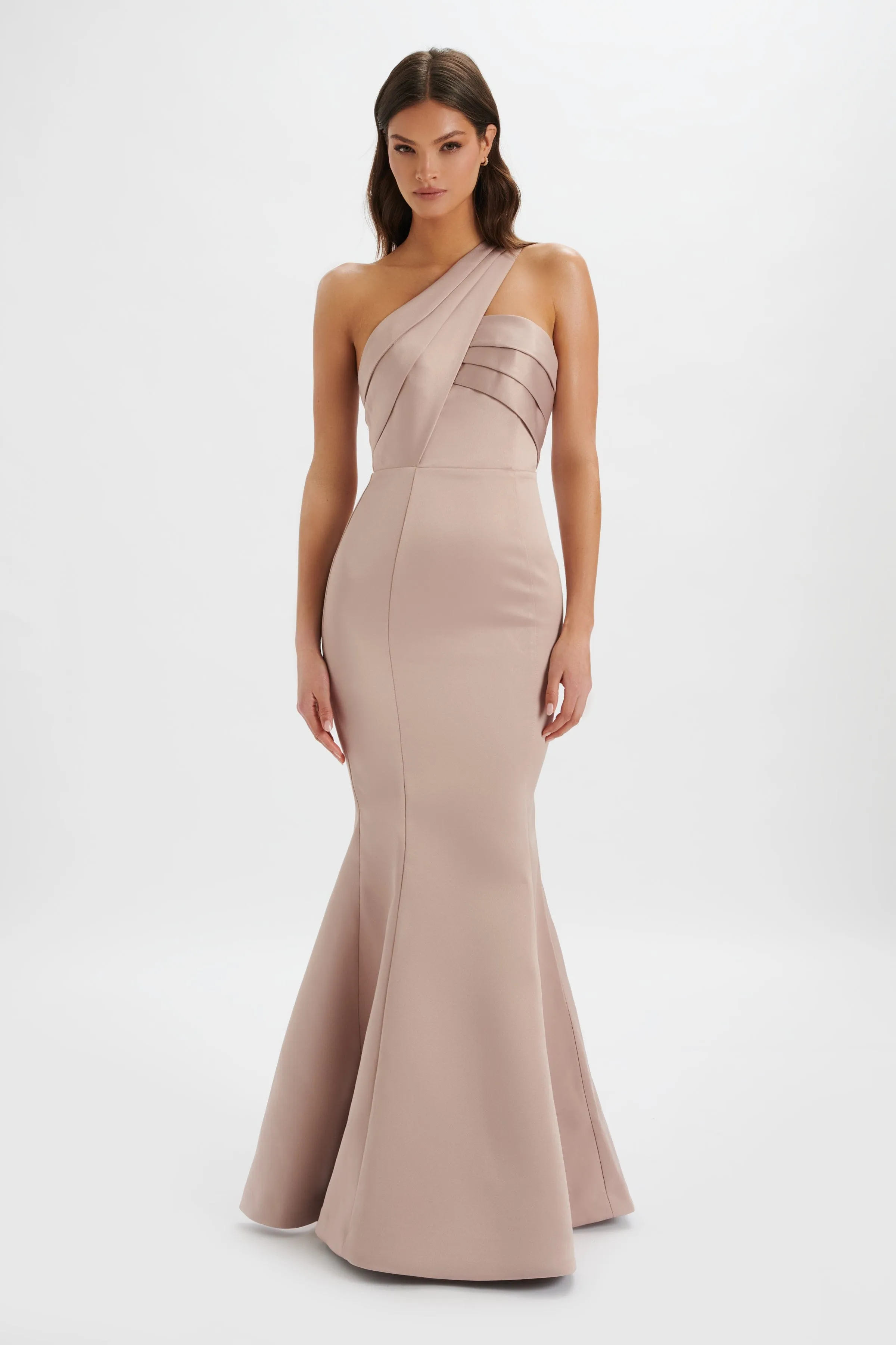 SHAILENE Bonded Satin Asymmetric Maxi Dress In Mink