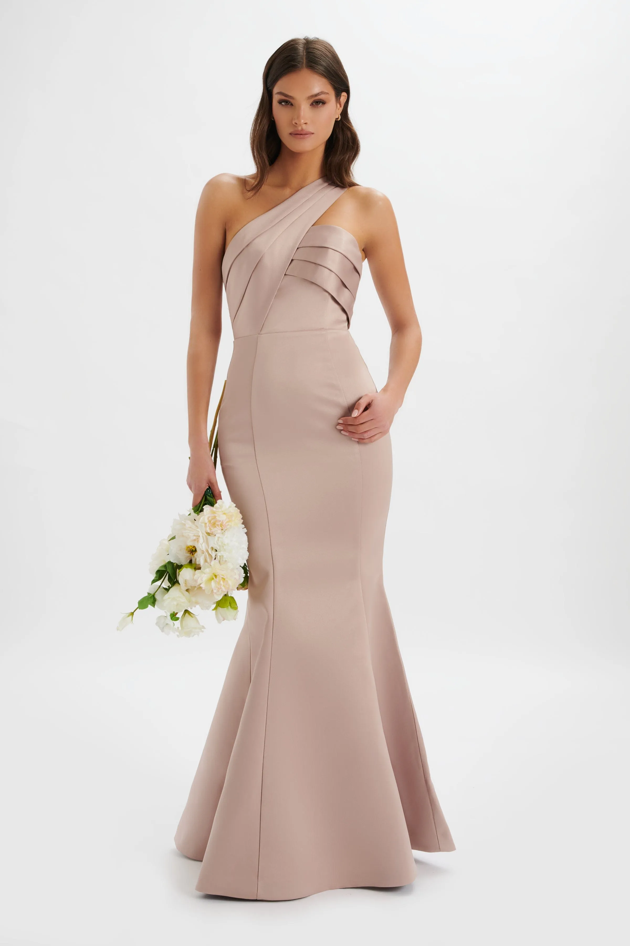 SHAILENE Bonded Satin Asymmetric Maxi Dress In Mink