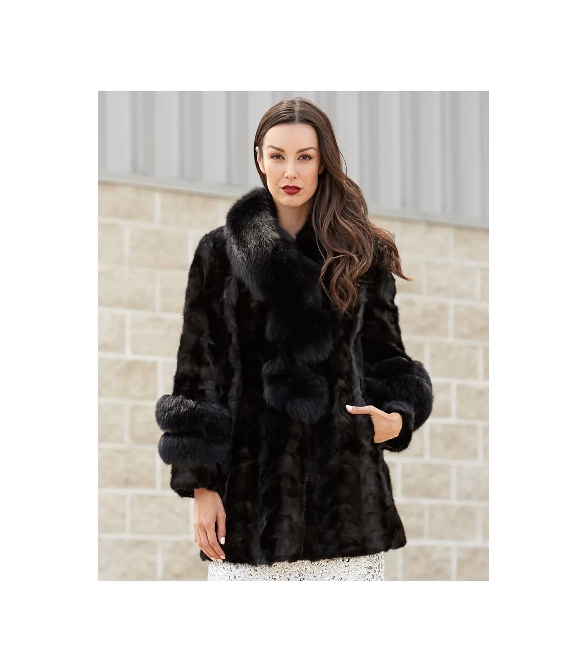 Shiloh Black Mink Coat with Fox Collar & Trim: FurHatWorld.com