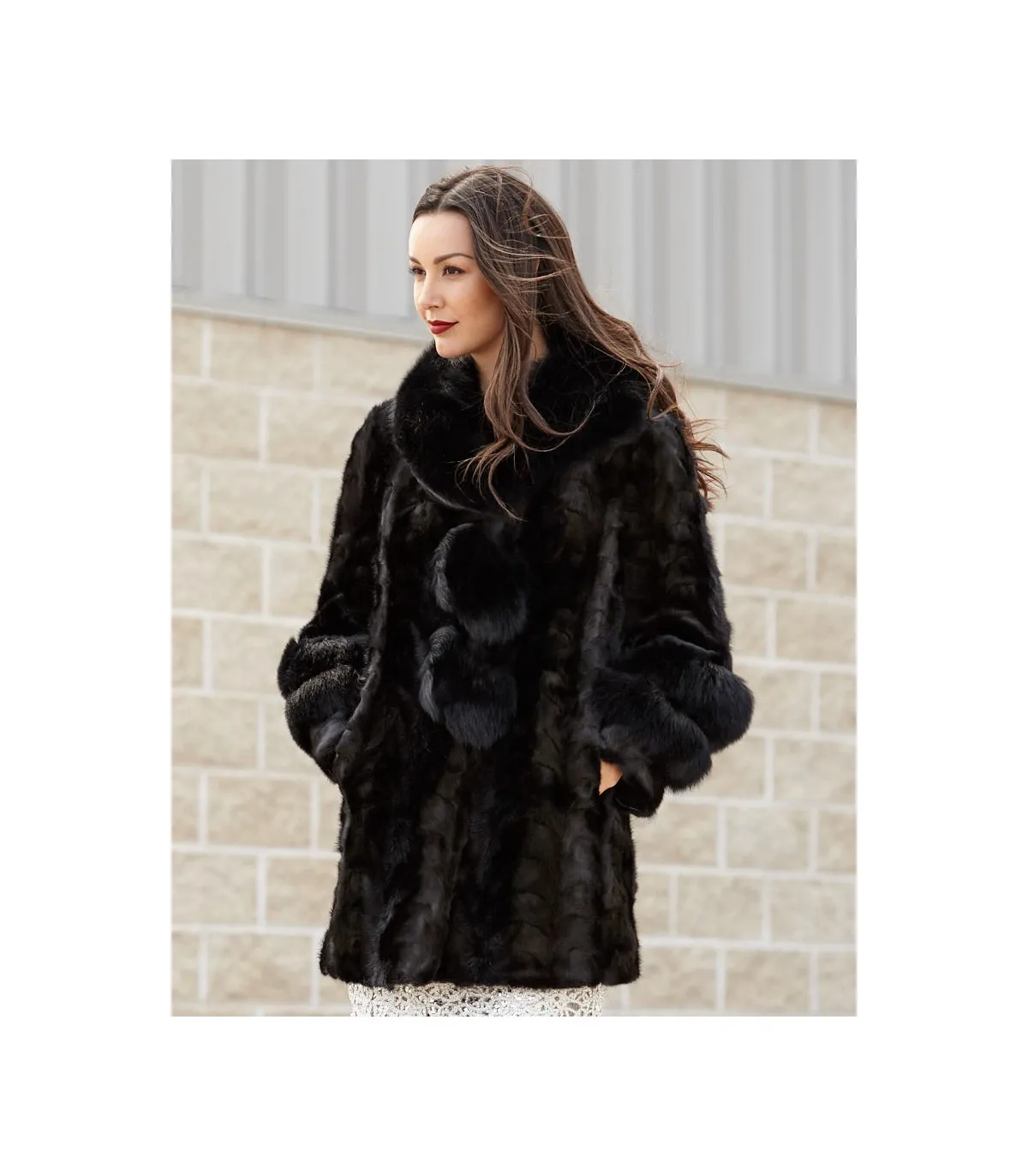 Shiloh Black Mink Coat with Fox Collar & Trim: FurHatWorld.com