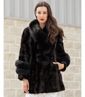 Shiloh Black Mink Coat with Fox Collar & Trim: FurHatWorld.com