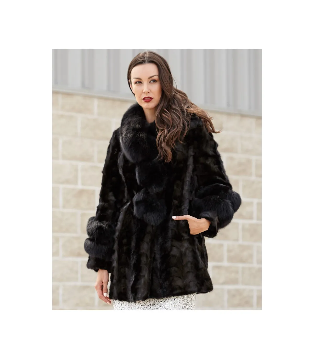 Shiloh Black Mink Coat with Fox Collar & Trim: FurHatWorld.com