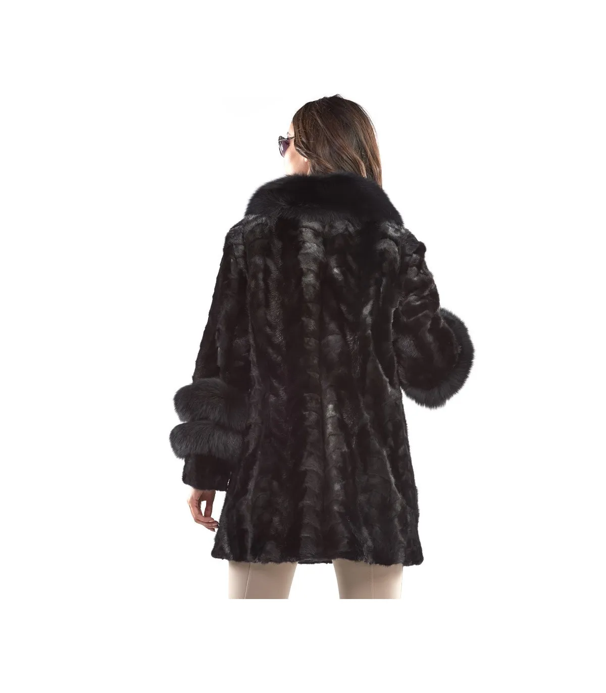 Shiloh Black Mink Coat with Fox Collar & Trim: FurHatWorld.com