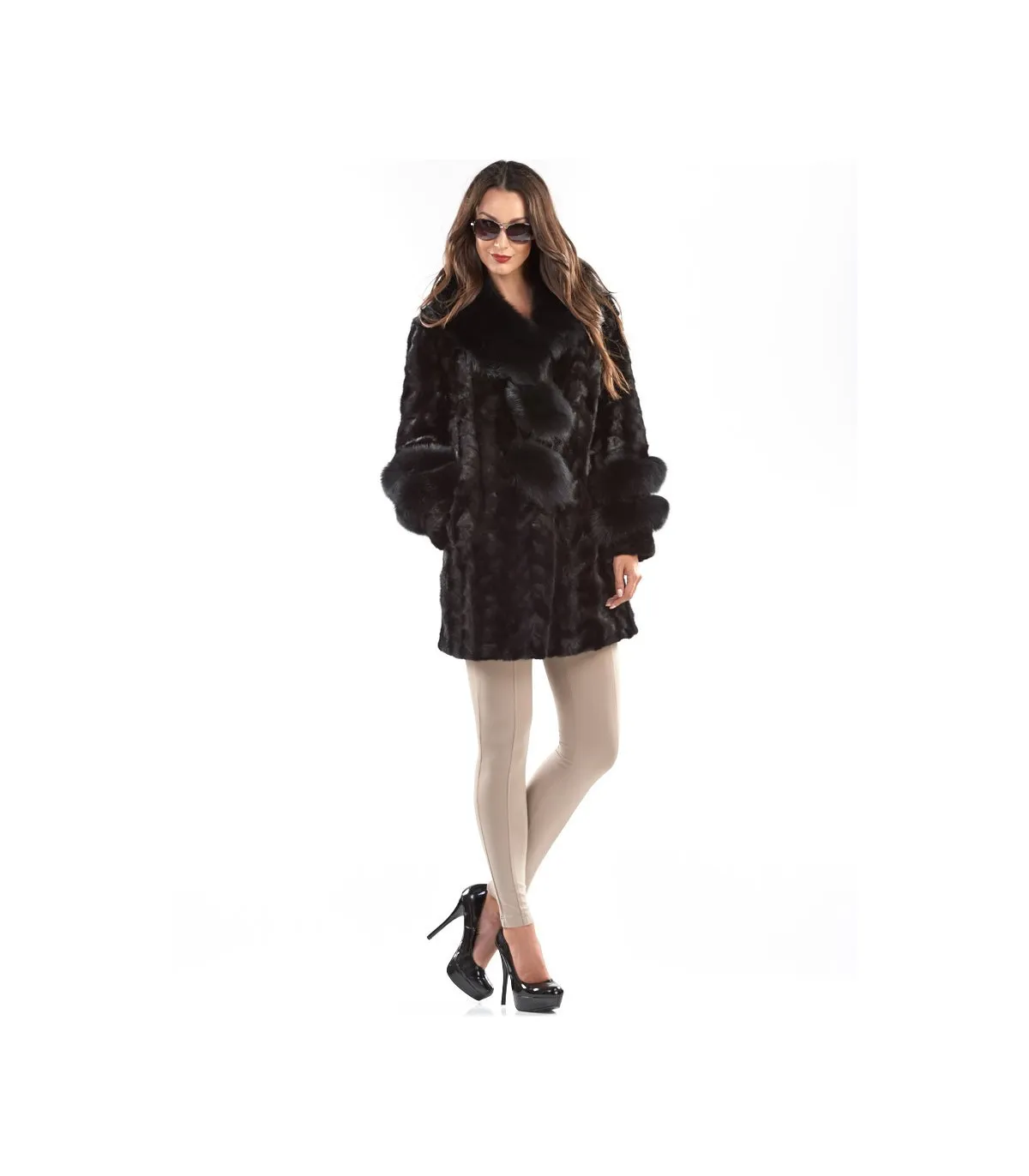 Shiloh Black Mink Coat with Fox Collar & Trim: FurHatWorld.com