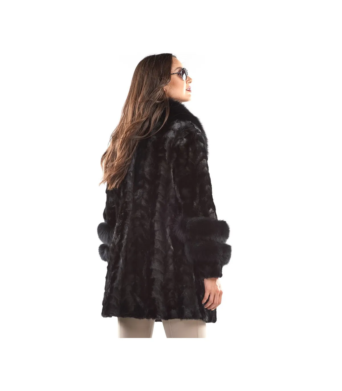 Shiloh Black Mink Coat with Fox Collar & Trim: FurHatWorld.com