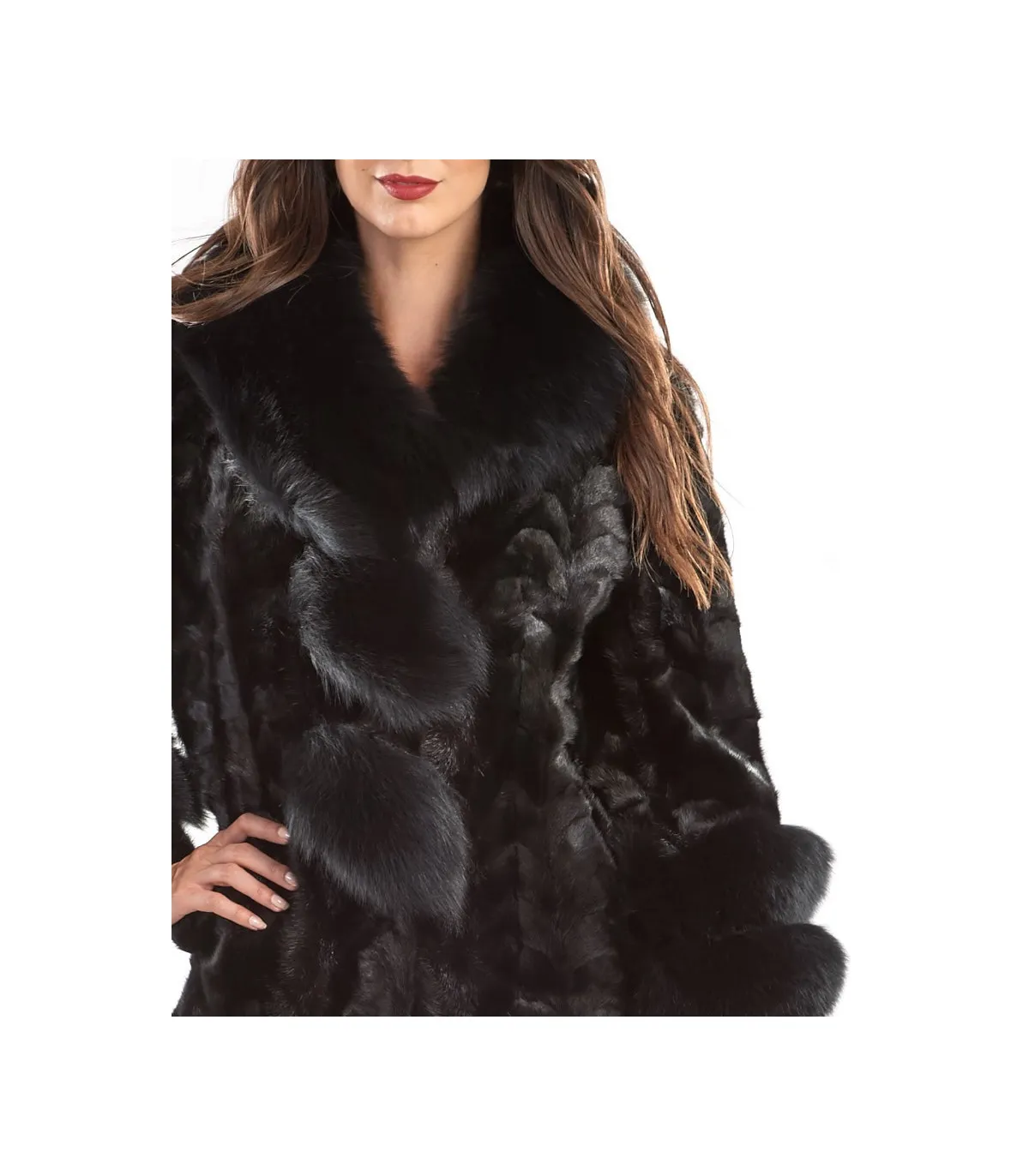 Shiloh Black Mink Coat with Fox Collar & Trim: FurHatWorld.com