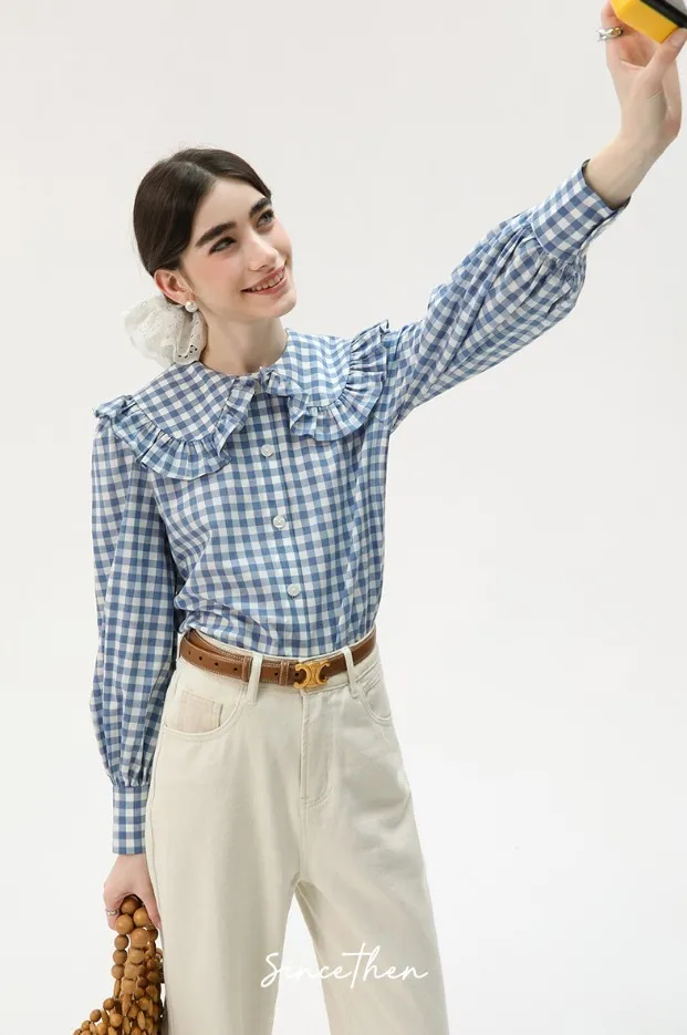 Since Then  |Gingham Long Sleeves Plain Cotton Shirts & Blouses