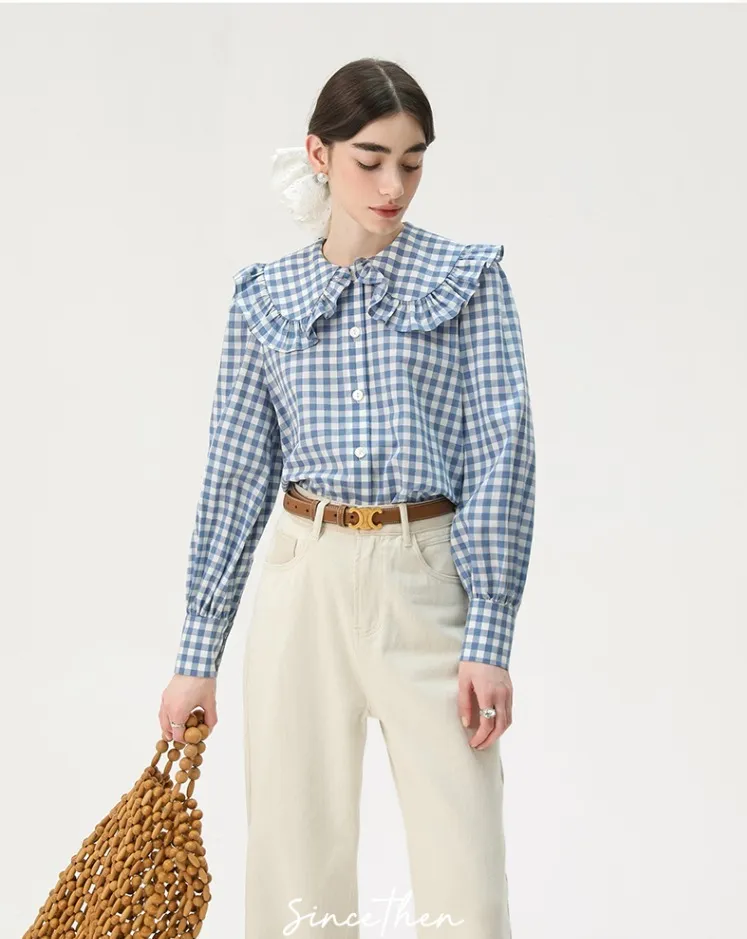 Since Then  |Gingham Long Sleeves Plain Cotton Shirts & Blouses