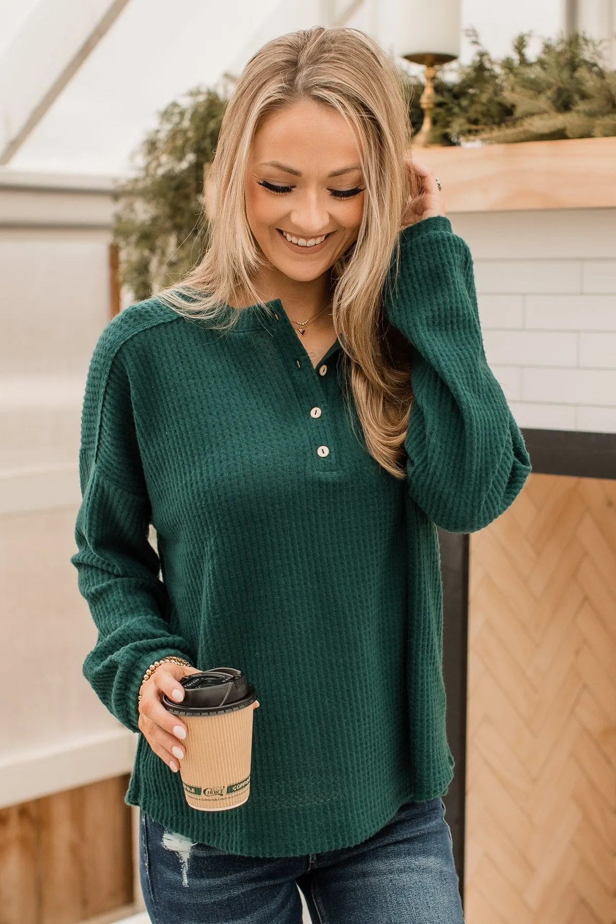 Snuggled In Waffle Knit Top- Hunter Green