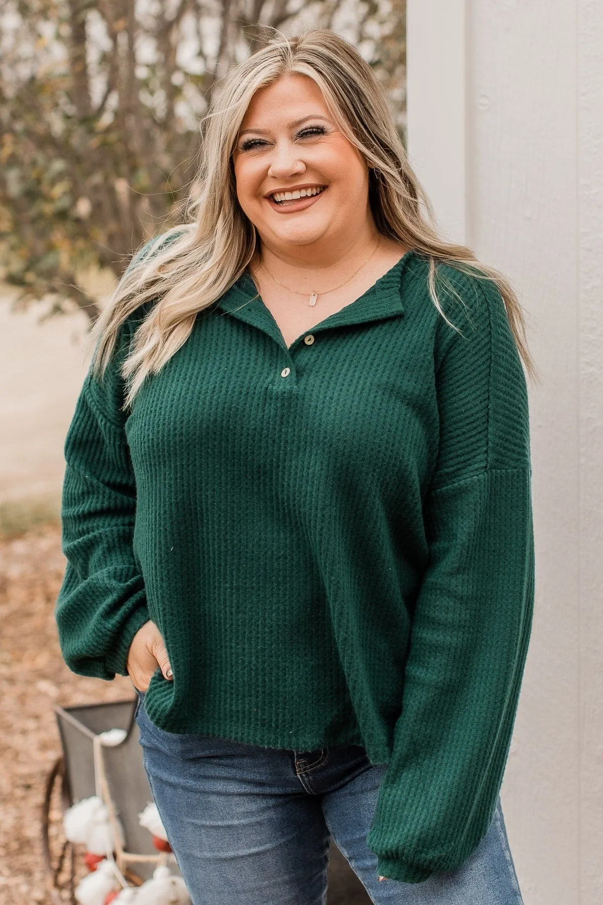 Snuggled In Waffle Knit Top- Hunter Green