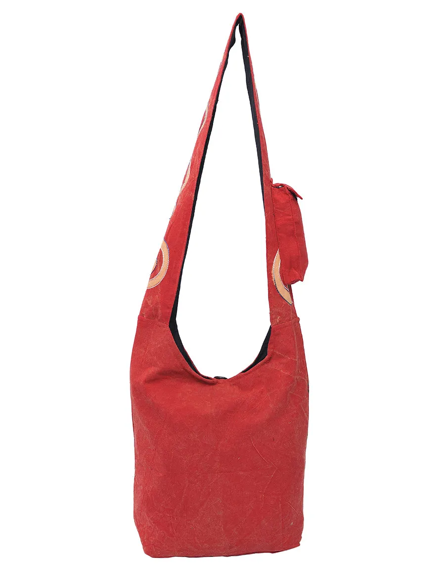 Spiral Embroidery Cotton Hobo Bag Red