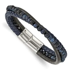 Stainless Steel, Blue Chalcedony/Tiger's Eye Leather Bracelet, 8.25 In