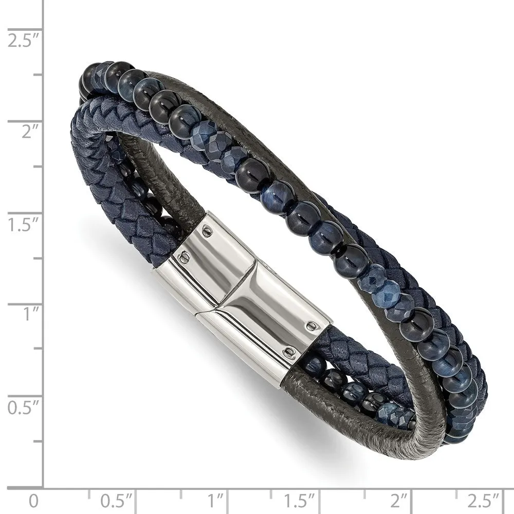 Stainless Steel, Blue Chalcedony/Tiger's Eye Leather Bracelet, 8.25 In