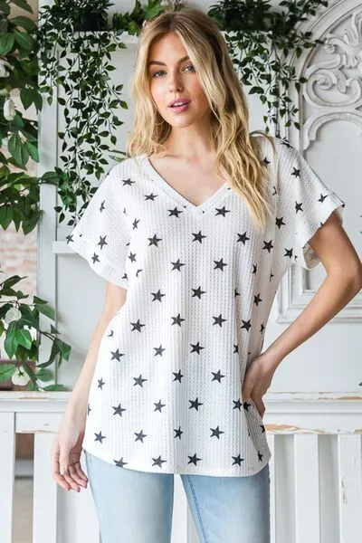 Star Print Short Sleeve V-Neck Waffle Knit T-Shirt