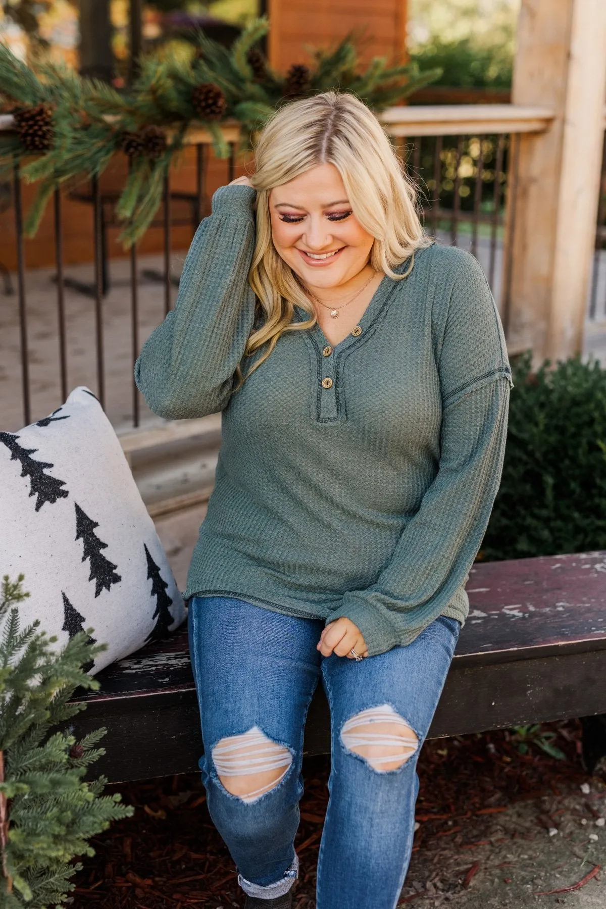 Sweet Nothings Waffle Knit Top- Dusty Jade