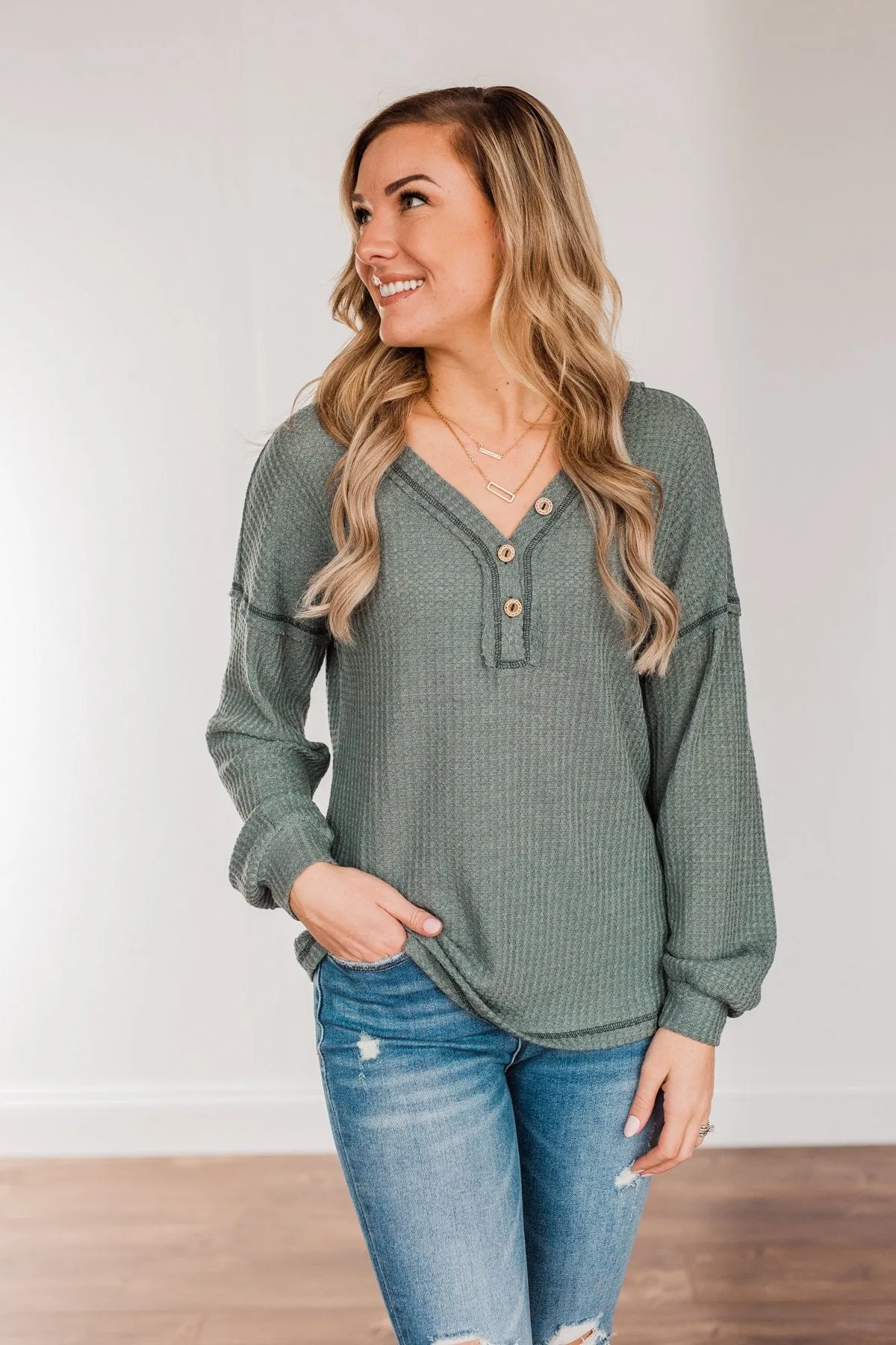 Sweet Nothings Waffle Knit Top- Dusty Jade