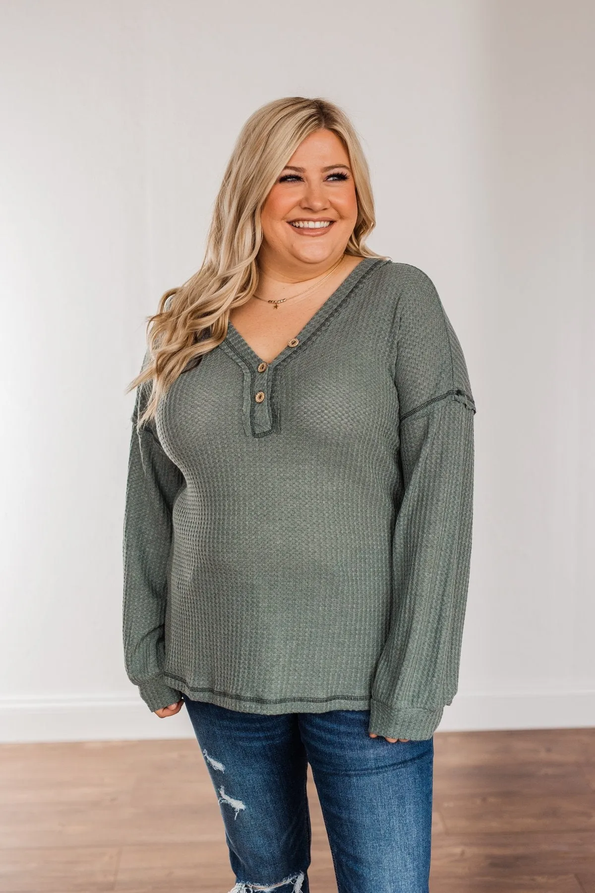 Sweet Nothings Waffle Knit Top- Dusty Jade