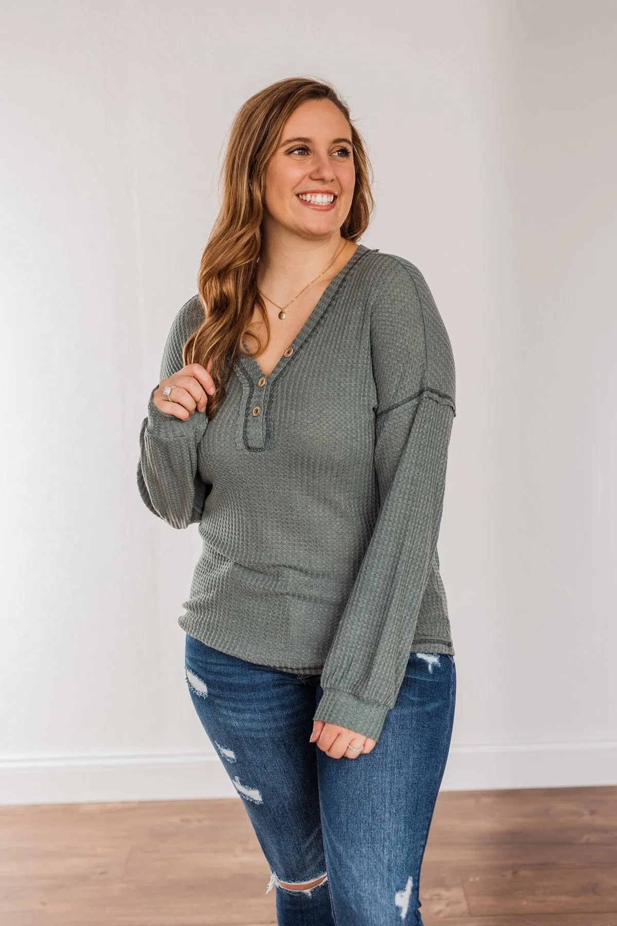 Sweet Nothings Waffle Knit Top- Dusty Jade