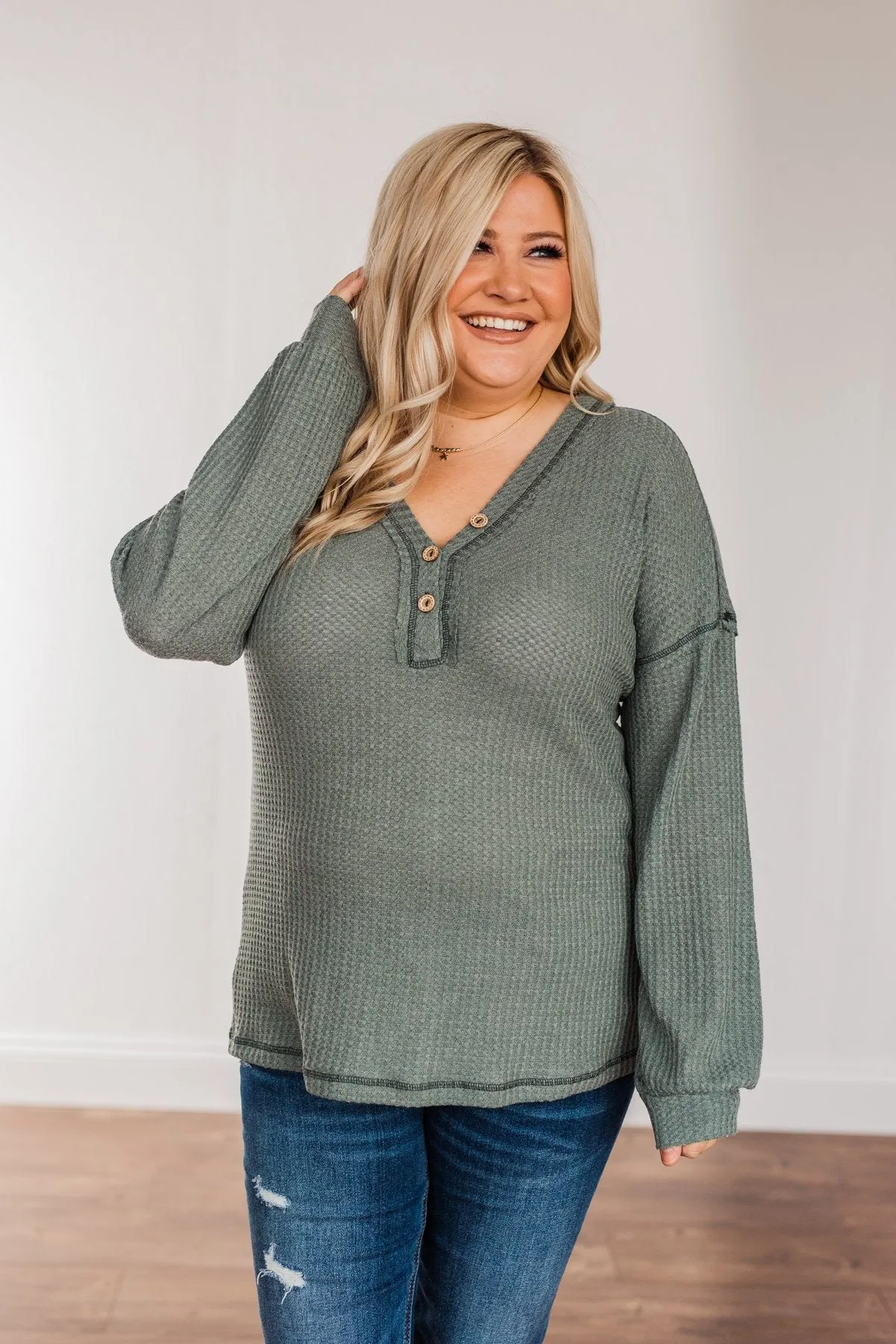 Sweet Nothings Waffle Knit Top- Dusty Jade