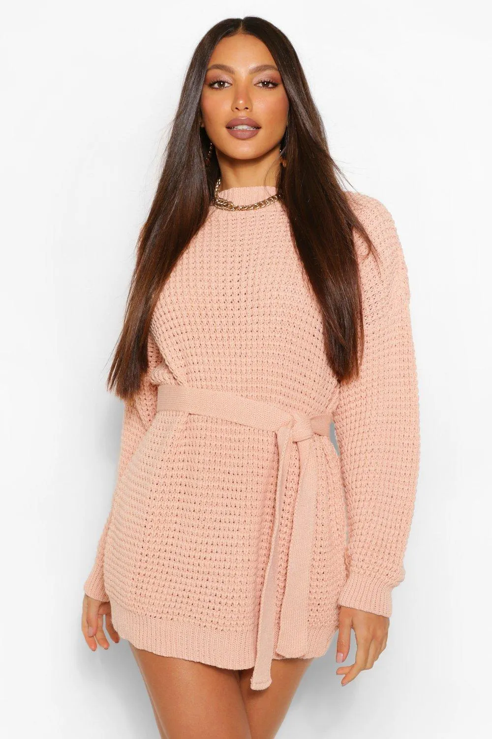 Tall Waffle Knit Belted Sweater Dress