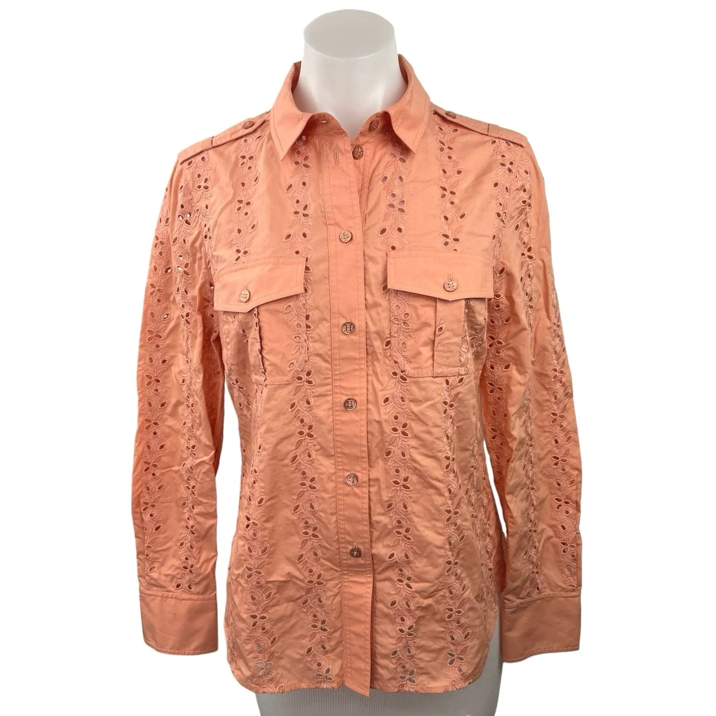 Tory Burch Orange Embroidered Eyelet Collared Long Sleeves Lace Shirts Size S