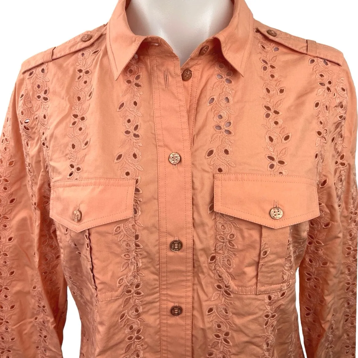 Tory Burch Orange Embroidered Eyelet Collared Long Sleeves Lace Shirts Size S