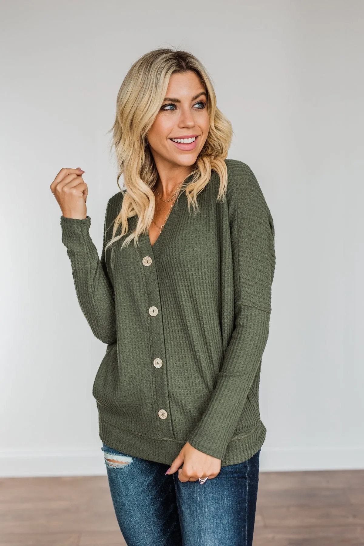 Turning A New Leaf Long Sleeve Waffle Knit Top- Army Green