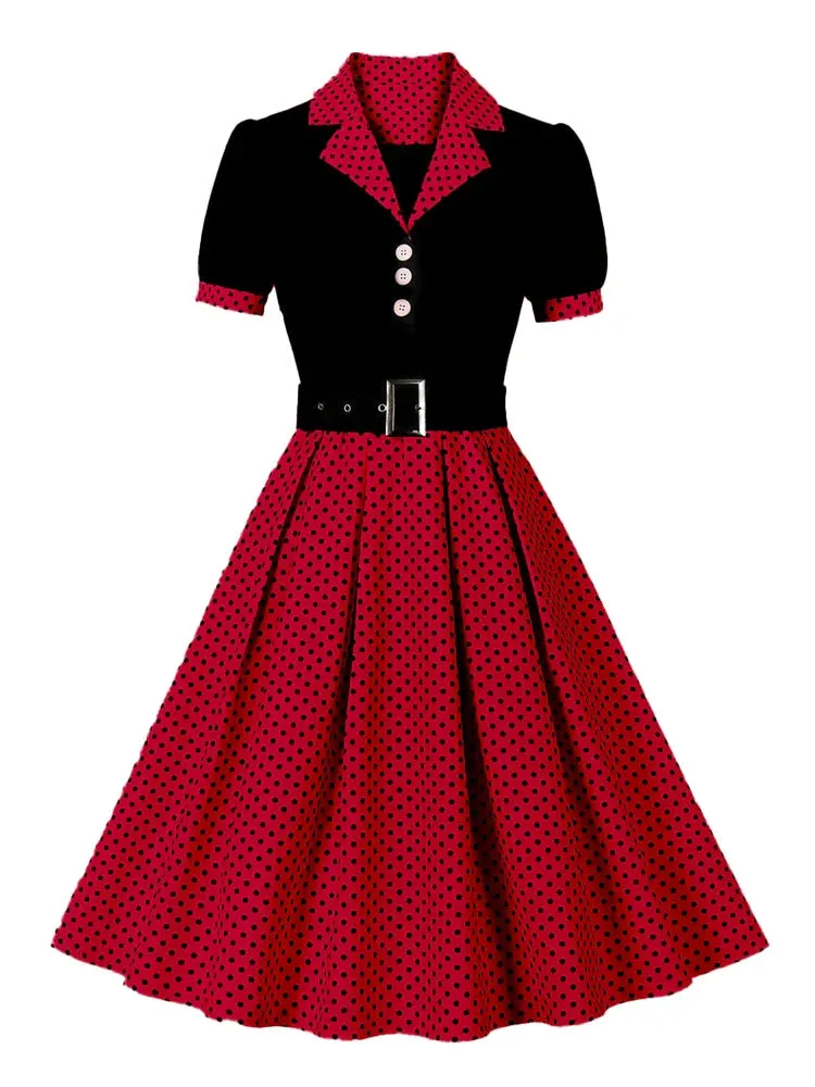 Two Tone Patchwork Polka Dot Women Formal and Elegant Dress Vintage Style Buttons Belted Pleated Rockabilly Dresses