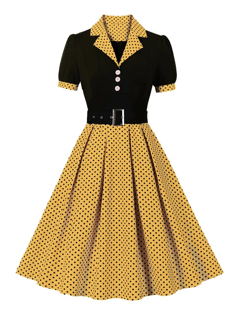 Two Tone Patchwork Polka Dot Women Formal and Elegant Dress Vintage Style Buttons Belted Pleated Rockabilly Dresses