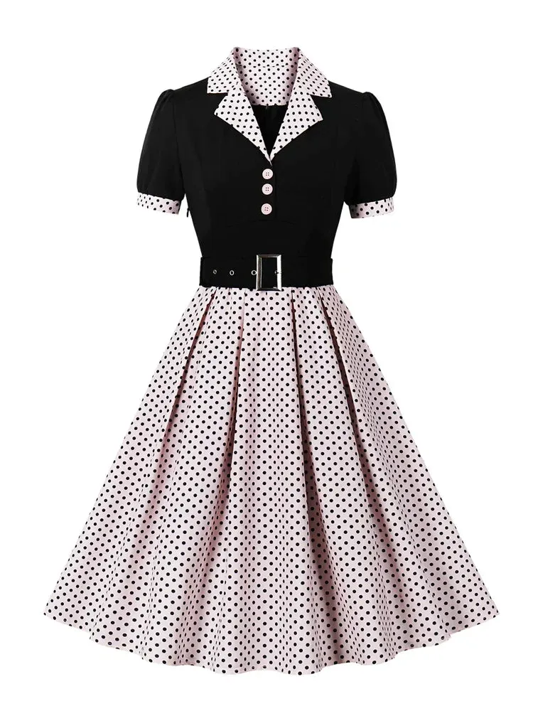 Two Tone Patchwork Polka Dot Women Formal and Elegant Dress Vintage Style Buttons Belted Pleated Rockabilly Dresses