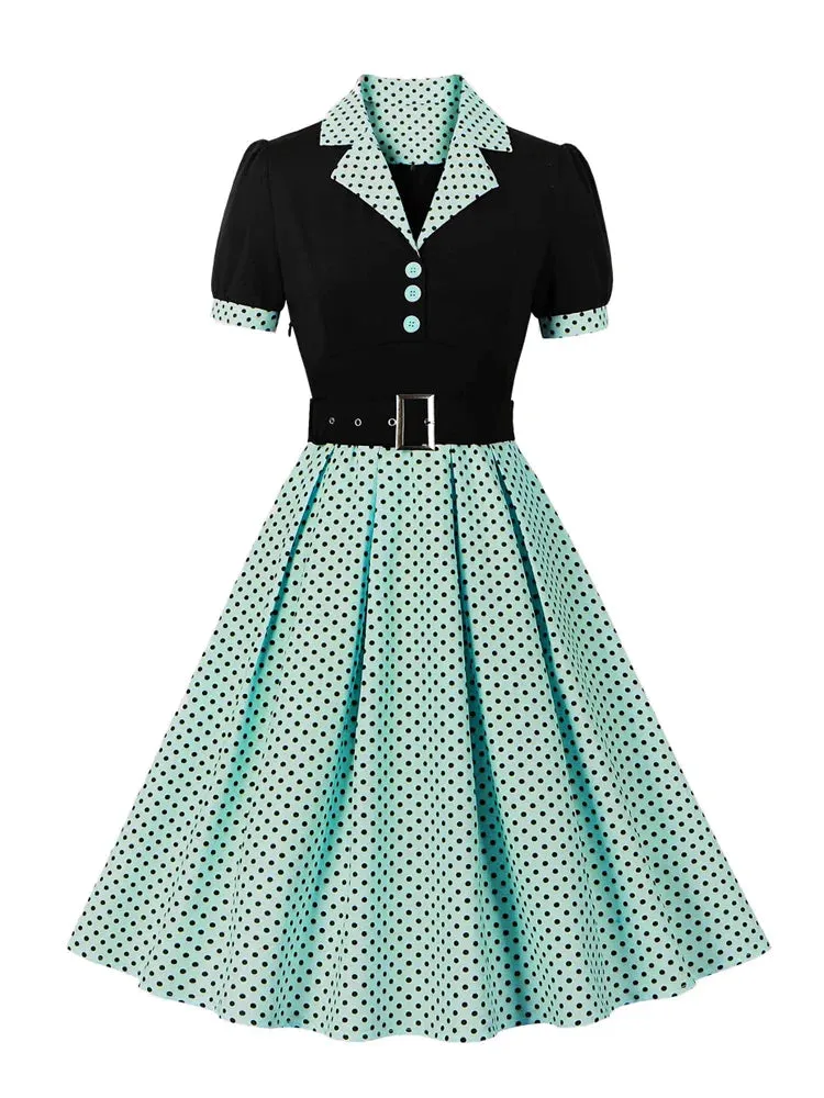 Two Tone Patchwork Polka Dot Women Formal and Elegant Dress Vintage Style Buttons Belted Pleated Rockabilly Dresses