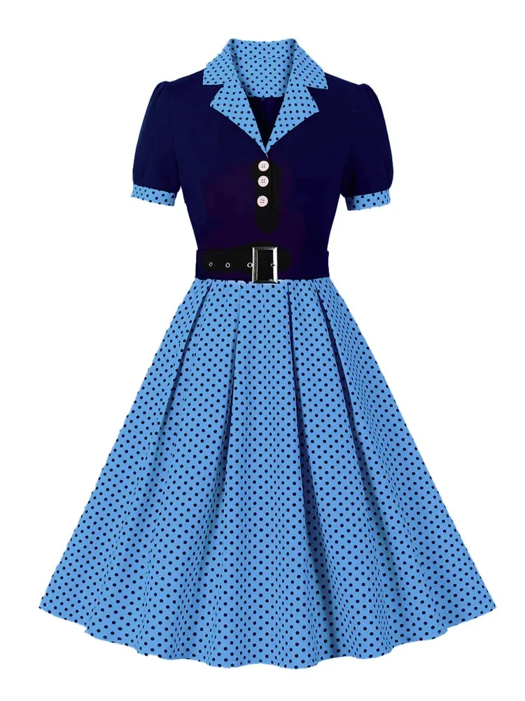 Two Tone Patchwork Polka Dot Women Formal and Elegant Dress Vintage Style Buttons Belted Pleated Rockabilly Dresses