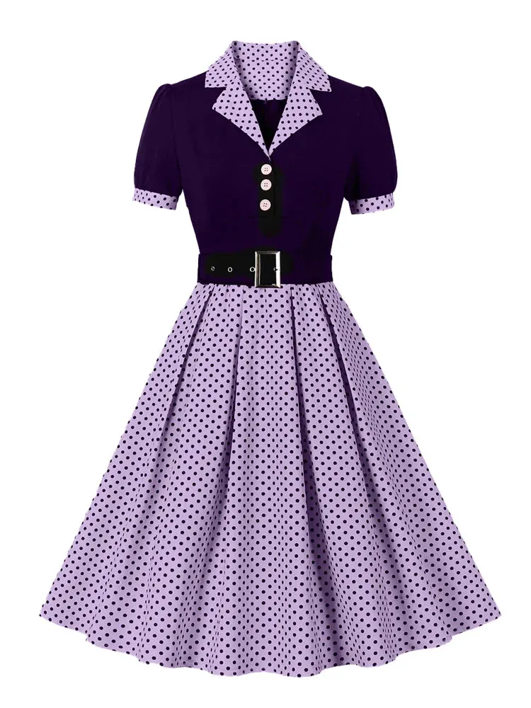 Two Tone Patchwork Polka Dot Women Formal and Elegant Dress Vintage Style Buttons Belted Pleated Rockabilly Dresses