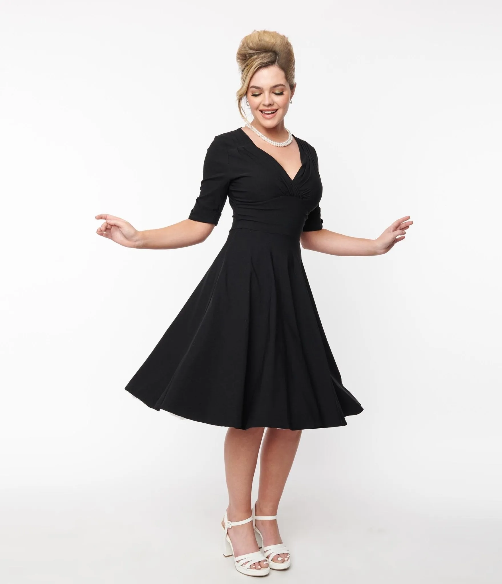 Unique Vintage Black Delores Swing Dress with Sleeves