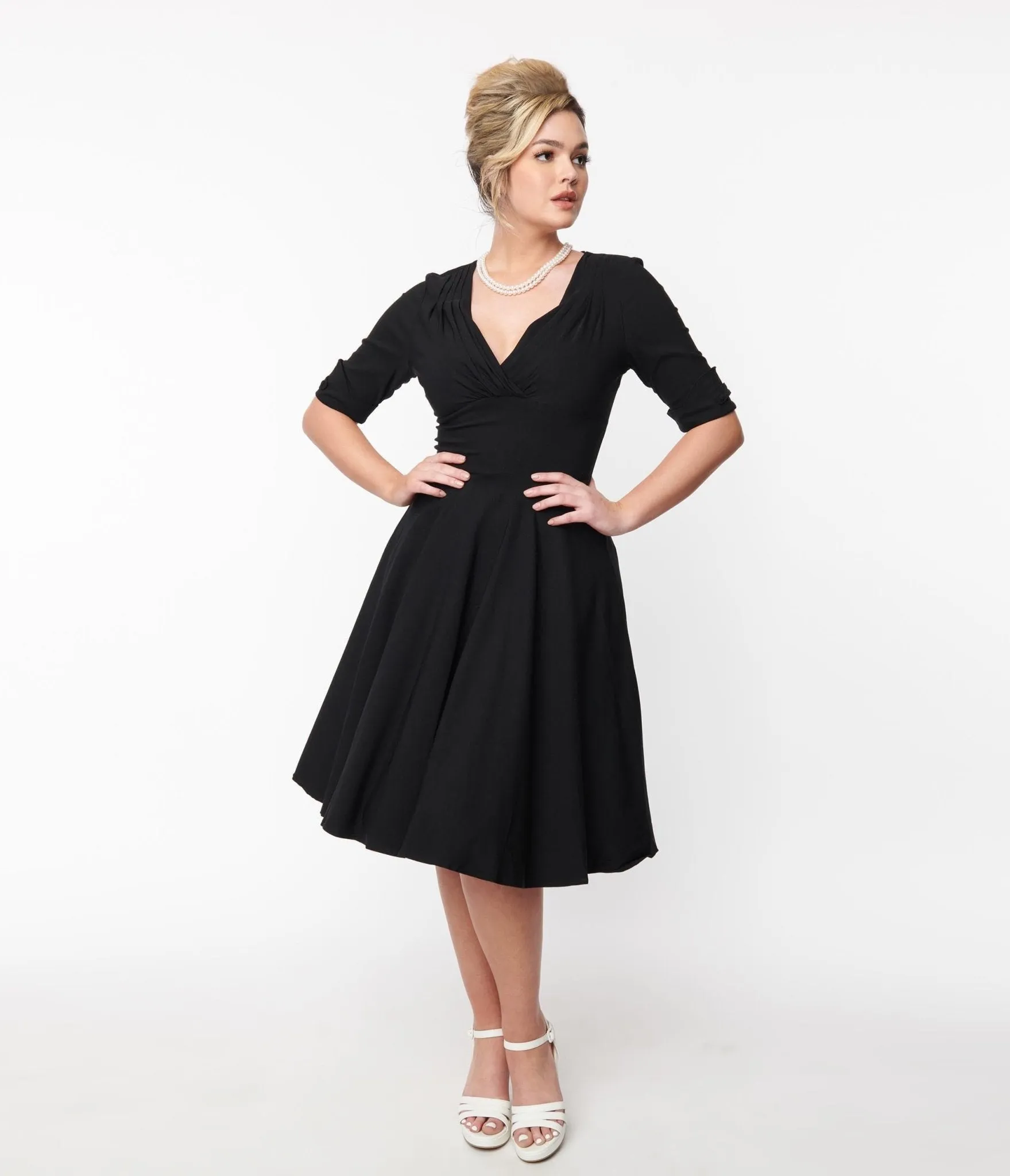 Unique Vintage Black Delores Swing Dress with Sleeves