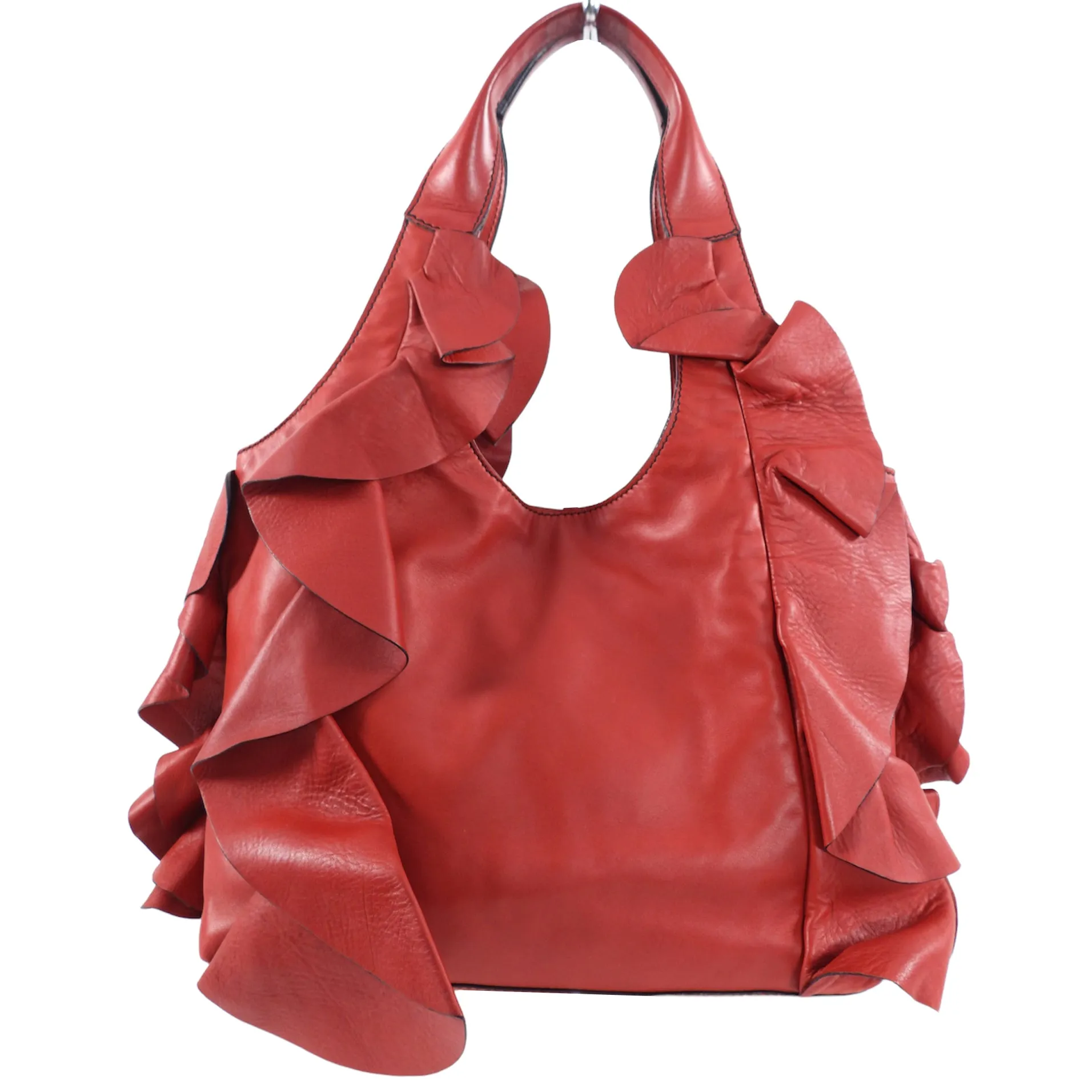 Valentino Red Leather Ruffle Hobo Bag