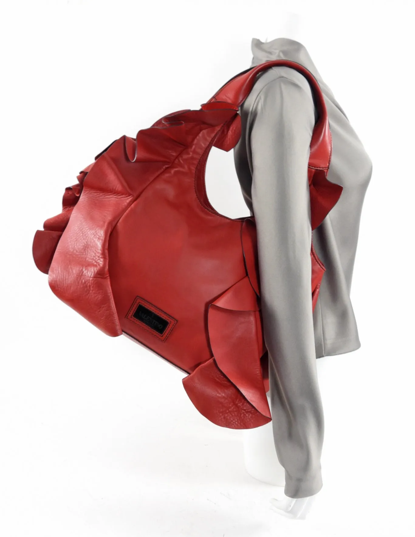 Valentino Red Leather Ruffle Hobo Bag