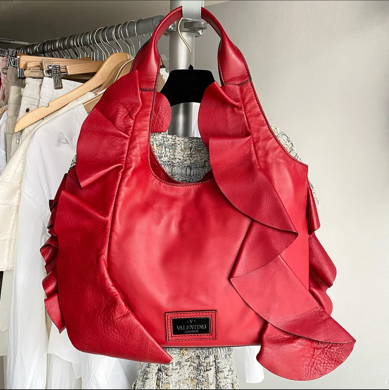 Valentino Red Leather Ruffle Hobo Bag