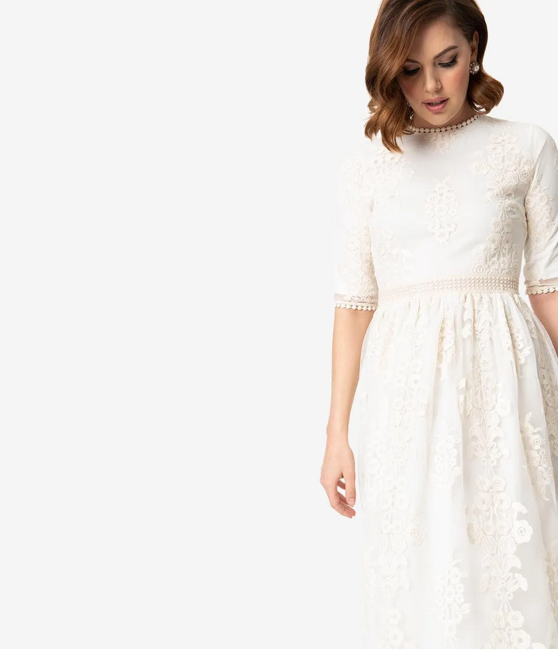 Vintage Style Antique Ivory Embroidered Lace Modest Midi Dress