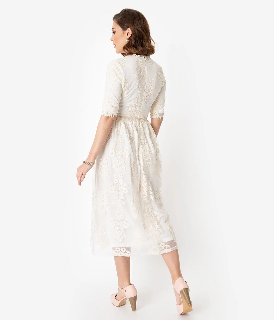 Vintage Style Antique Ivory Embroidered Lace Modest Midi Dress