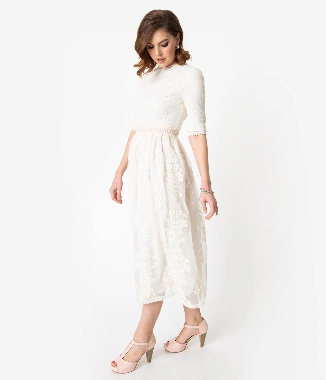 Vintage Style Antique Ivory Embroidered Lace Modest Midi Dress