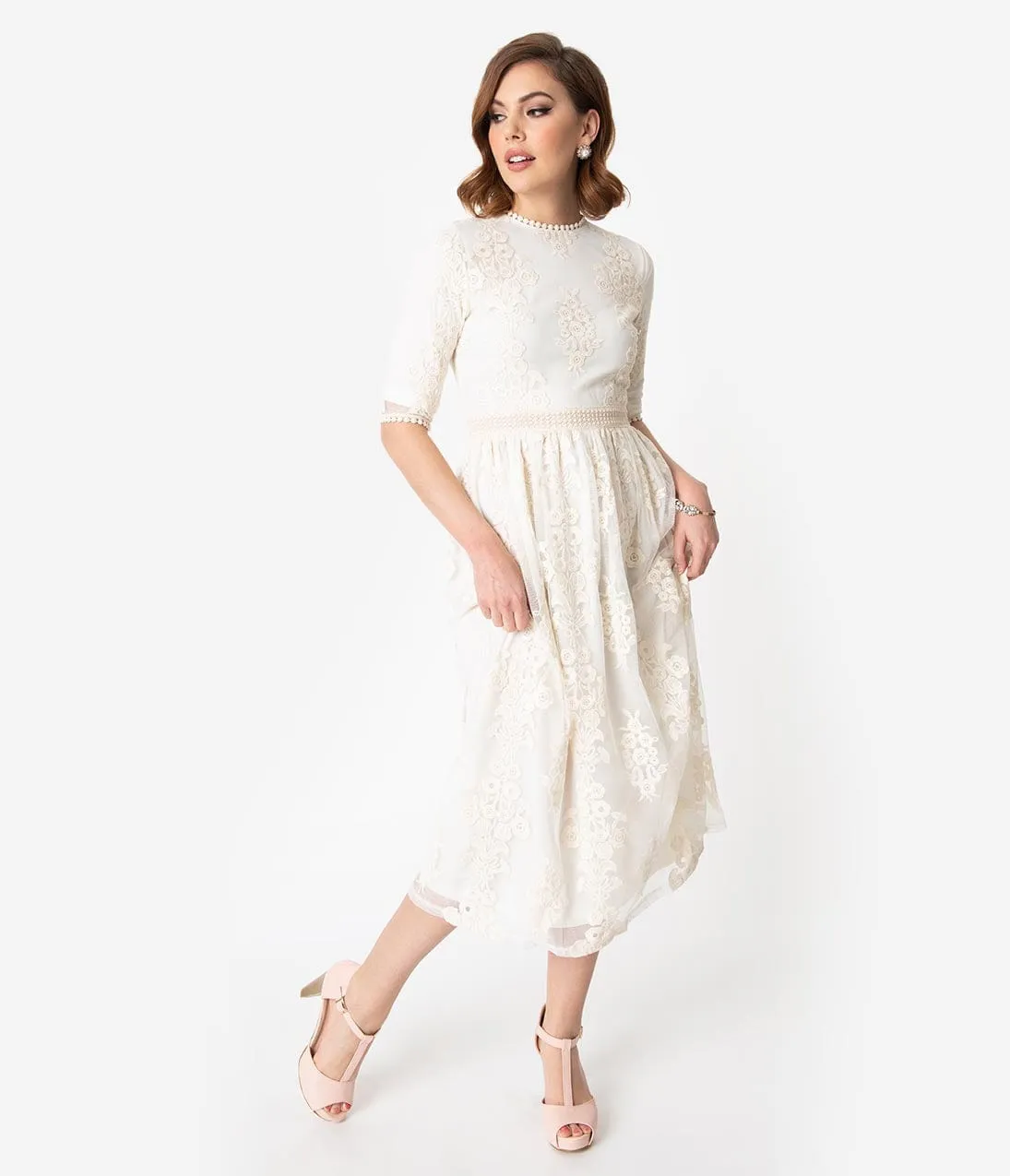 Vintage Style Antique Ivory Embroidered Lace Modest Midi Dress