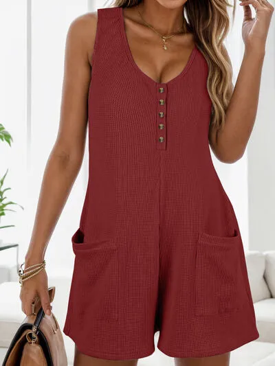 Waffle-Knit Scoop Neck Wide Strap Romper