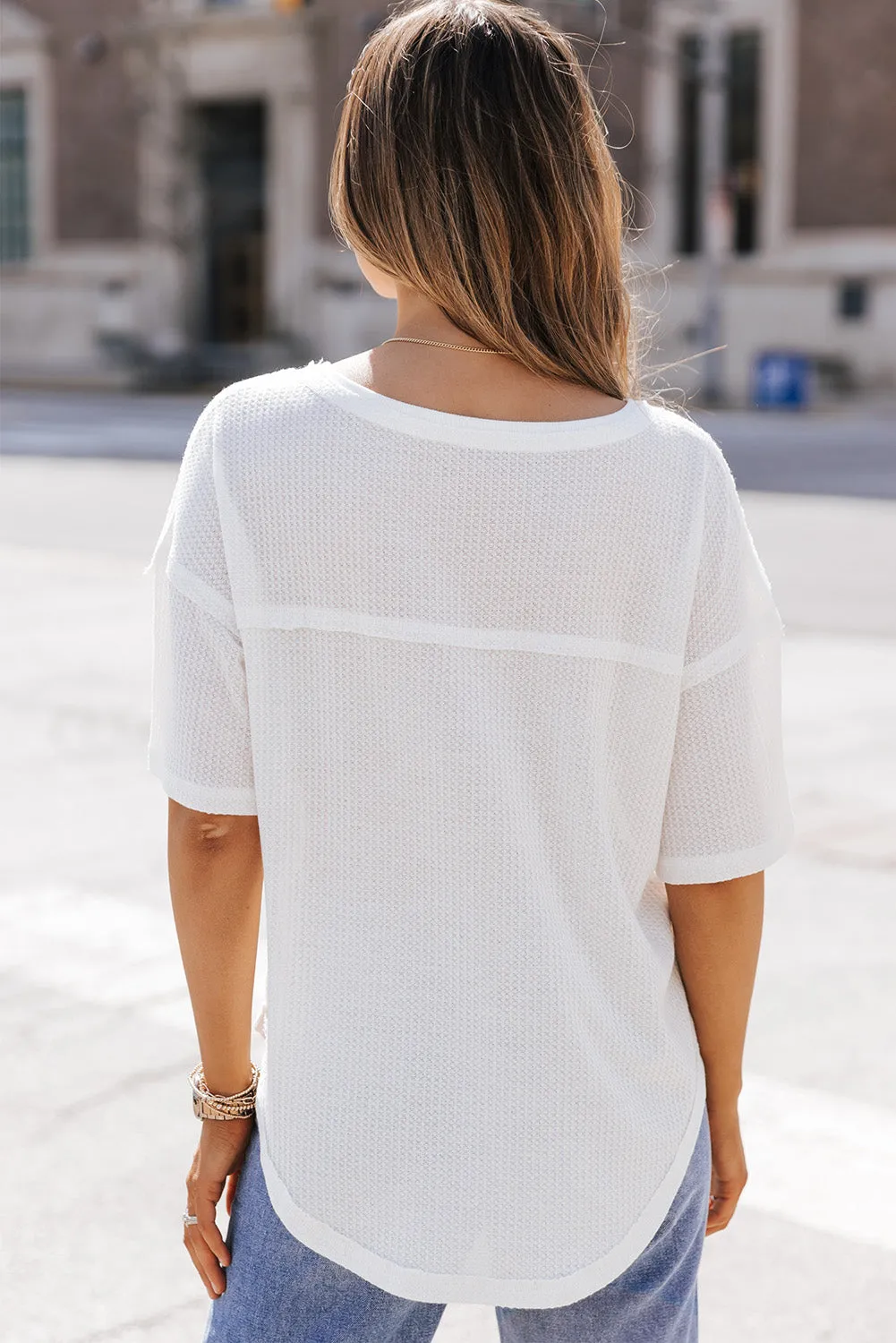 Waffle-Knit V-Neck Dropped Shoulder Blouse