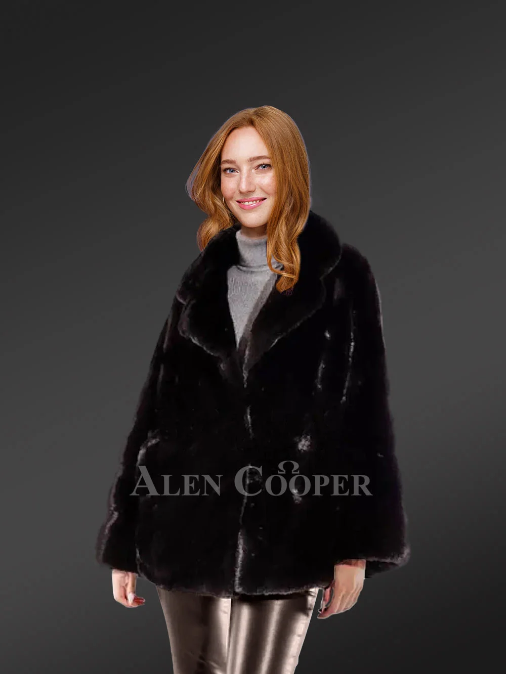 Womens black mink coat with notched lapel and baggy sleeves