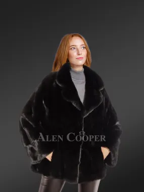 Womens black mink coat with notched lapel and baggy sleeves