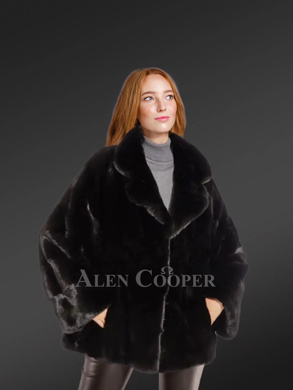 Womens black mink coat with notched lapel and baggy sleeves